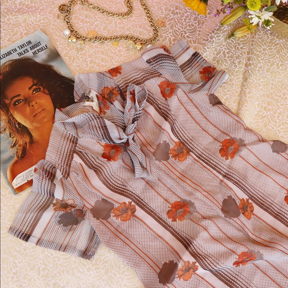 Vtg 70s Polka Dot Floral Shift Bow Dress SM